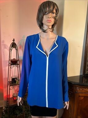 Adrienne Vittadini Royal Blue Blouse with White Trim